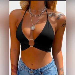 NWOT Mizoci Sexy Summer Sleeveless Halter Deep V Neck Crop Top Tie Up Backless